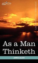 Boekomslag voor 'As a Man Thinketh' van James Allen, met een zonsondergang boven de oceaan.