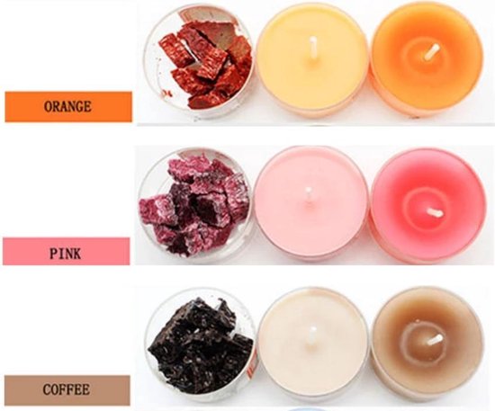 Oranje, roze en koffiekleurige kaarsen met bijpassende kleurstoffen.