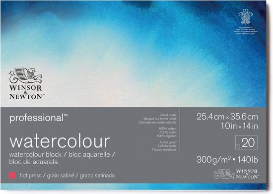 Winsor & Newton Professional Aquarelpapier Grain satiné Blok 4-zijdig gelijmd 300gr 20 vel 25,4×35,6cm