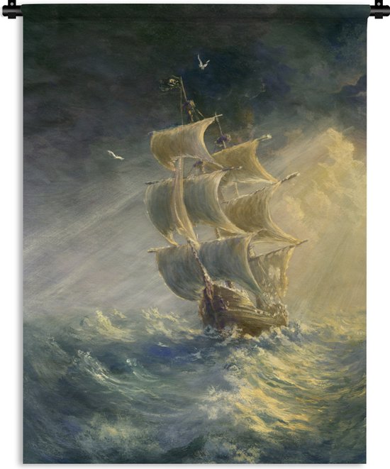 Wandkleed Zeilschepen Illustratie - Illustratie van een zeilschip bij zonsondergang Wandkleed katoen 60x80 cm - Wandtapijt met foto