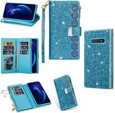 Voor Samsung Galaxy S10 5G Multi-kaartsleuven Sterrenhemel Laser Carving Glitter Rits Horizontale Flip Leren Case met Houder & Portemonnee & Lanyard (Hemelsblauw)