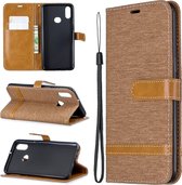 Voor Galaxy A10s Kleuraanpassing Denim Texture Horizontaal Flip Leather Case met houder & kaartsleuven & Wallet & Lanyard (bruin)