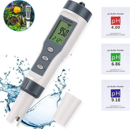 pH meter - Aquarium thermometer - Thermometer water - pH meter water - TDS meter - pH meter digitaal - Jacuzzi accessoires - voor Aquarium, zwembad, vijver en drinkwater - Grijs