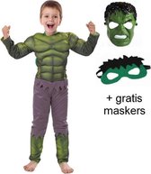 Luxe Hulk kostuum voor kinderen met spierballen en 2 maskers - 134/140 (L) 9-10 jaar - verkleedpak carnavalskleding
