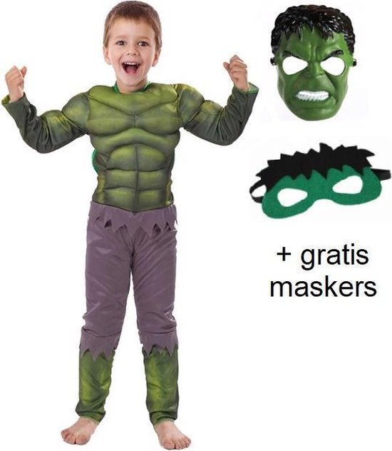 Luxe groen superhelden kostuum voor kinderen met spierballen + 2 maskers - 134/140 (L) 9-10 jaar - verkleedpak carnavalskleding