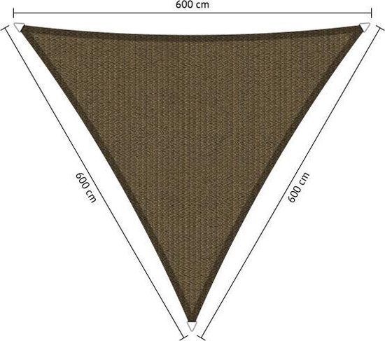 Bruin driehoekig schaduwdoek van 600 x 600 x 600 cm.
