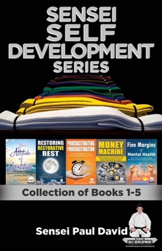 Cover van de Sensei Self Development Series, met boeken over dankbaarheid, herstel, uitstelgedrag, geld en mentale gezondheid.