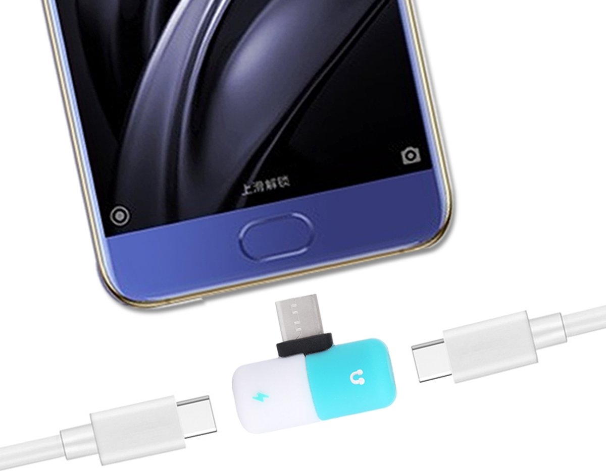 2-in-1 Dual USB-C / Type-C Female naar USB-C / Type-C Mannelijke Pil Capsule Mini Audio & Charge Adapter Splitter, voor Galaxy S8 & S8 + / LG G6 / Huawei P10 & P10 Plus / Oneplus 5 / Xiaomi Mi6 & Max 2 en andere smartphones (blauw + wit)
