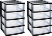 2x stuks ladeblok/bureau organizer met 4x lades zwart/transparant - L40 x B39 x H65 cm - Opruimen/opbergen laatjes