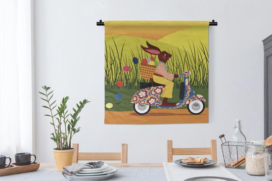 Tapisserie Illustration Vespa - Illustration du lapin de Pâques sur une Vespa Tapisserie coton 90x90 cm - Tapisserie avec photo