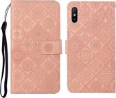 Voor Xiaomi Redmi 9A Etnische stijl reliëf patroon horizontale flip lederen tas met houder & kaartsleuven & portemonnee & lanyard (roze)