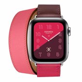 Tweekleurige lederen polsband met dubbele lus horlogeband voor Apple Watch Series 3 & 2 & 1 42 mm, kleur: wijnrood + dieproze rood + lichtroze rood