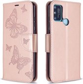 Voor Huawei Honor 9A Twee Vlinders Embossing Patroon Horizontale Flip Leren Case met Houder & Kaartsleuf & Portemonnee & Lanyard (Rose Goud)