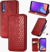 Voor Samsung Galaxy A7 (2018) Cubic Grid Pressed Horizontal Flip Magnetic Leather Case met houder & kaartsleuven & portemonnee (rood)