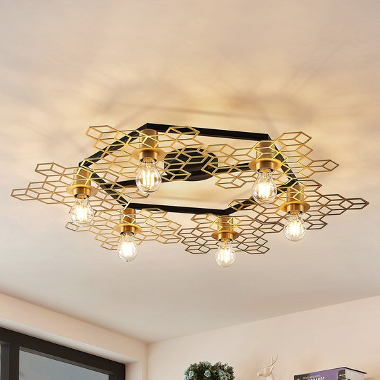 Lucande - plafondlamp design - 6 lichts - ijzer - H: 12 cm - E27 - goud, zwart