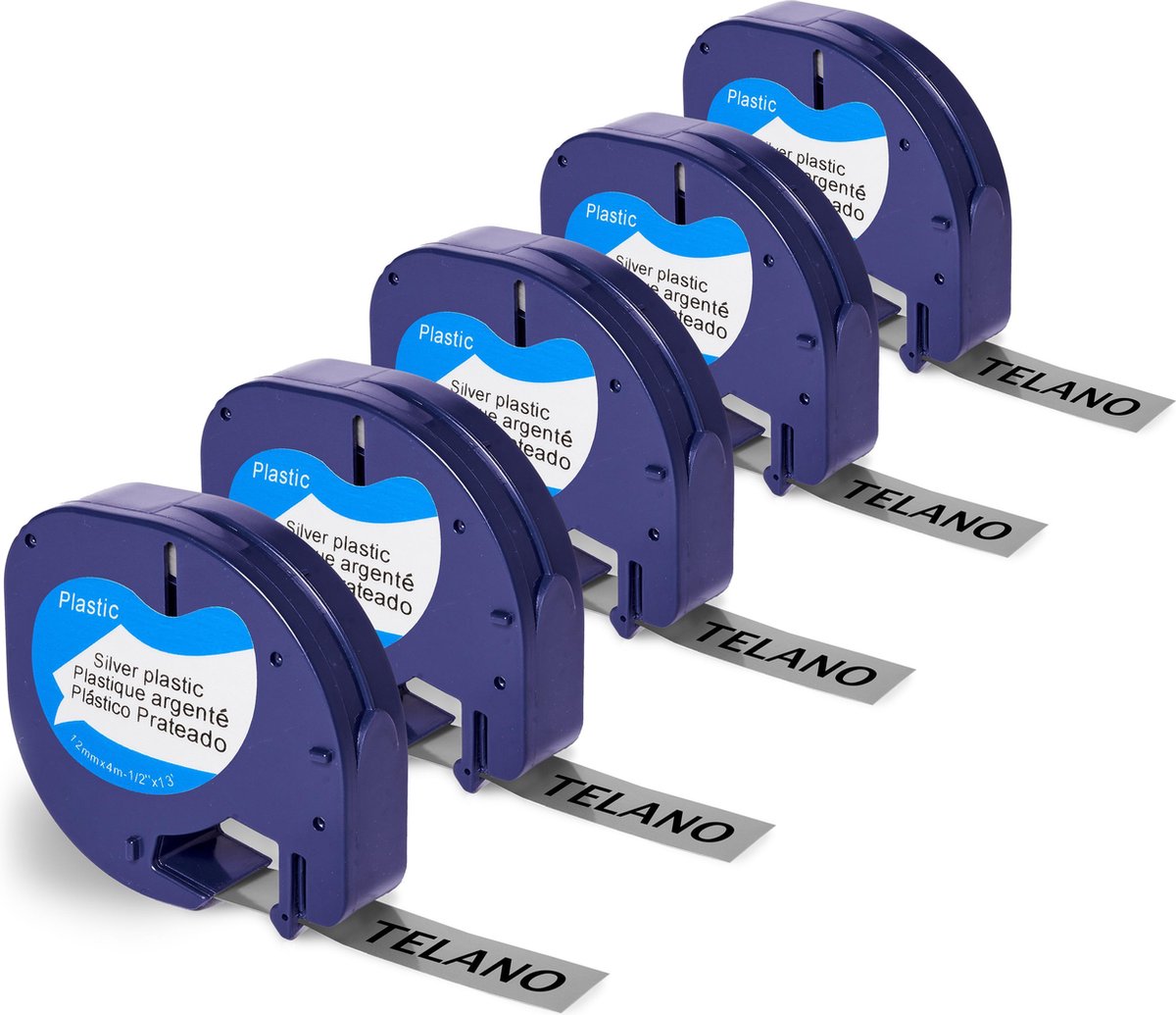 Telano® 5 stuks Plastic Labels Zwart op ZILVER voor Dymo LetraTag Labelprinter - Labeltape 91208 - 12 mm x 4 m