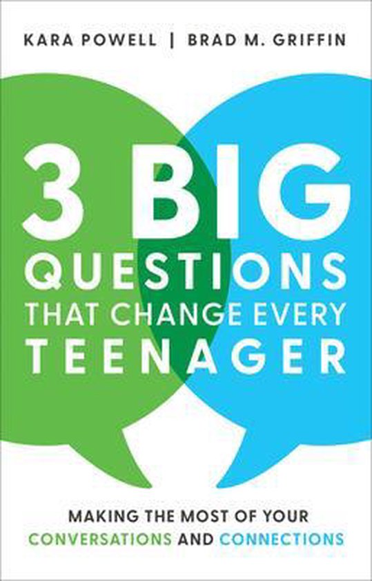 Boek '3 Big Questions That Change Every Teenager' met groene en blauwe spraakbellen en tekst.