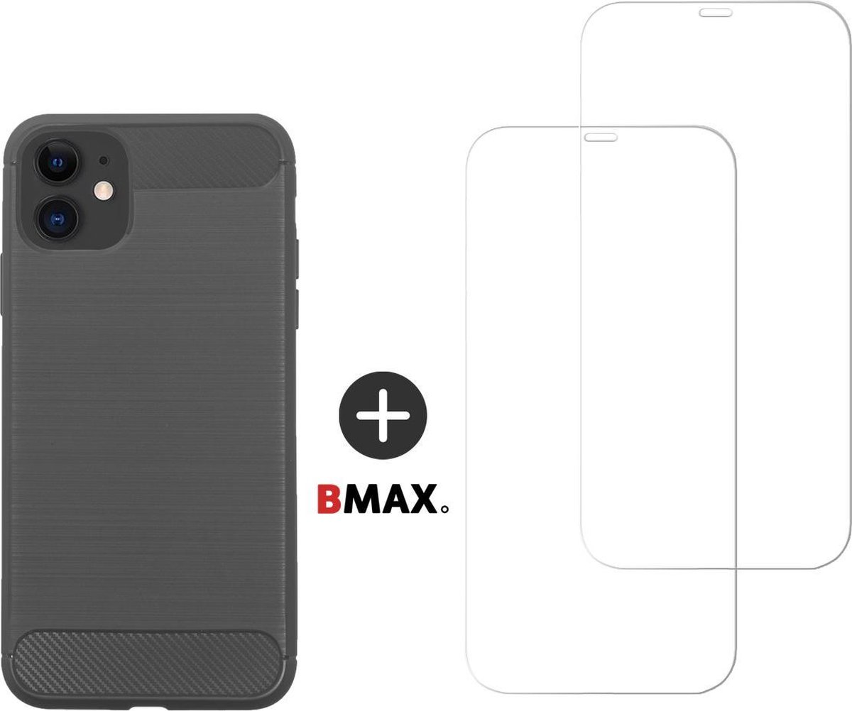 BMAX Telefoonhoesje voor iPhone 11 - Carbon softcase hoesje grijs - Met 2 screenprotectors