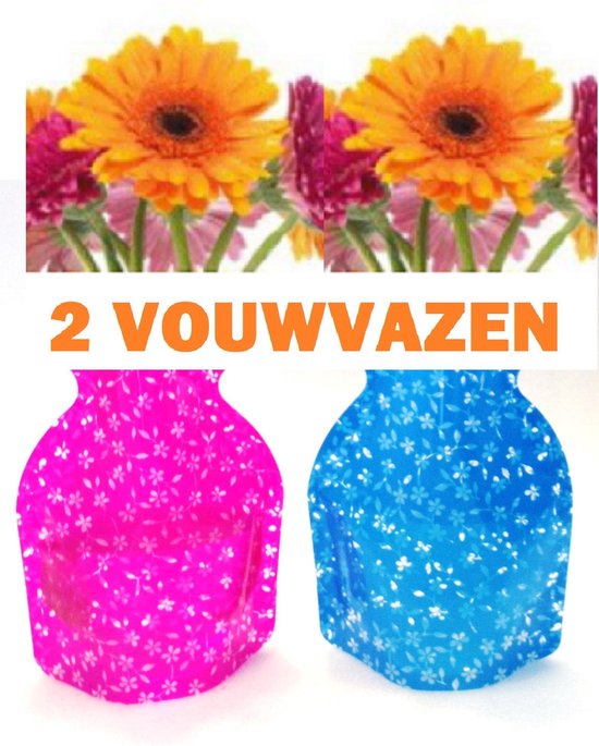 Vouwvazen.nl - Kleine vaas - Vaas - Vouwvaas - 2 Stuks - Blauw & Roze - Bloemetjes - Klein model - Plastic vouw vaas