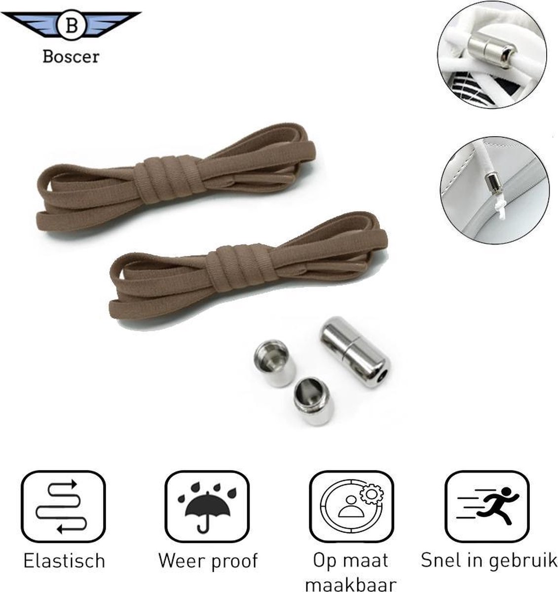 Boscer Elastische Veters Bruin | Capsule Sluitsysteem | Draaicapsule | Schoenveters | Makkelijk Sluitbaar | Jong & Oud!