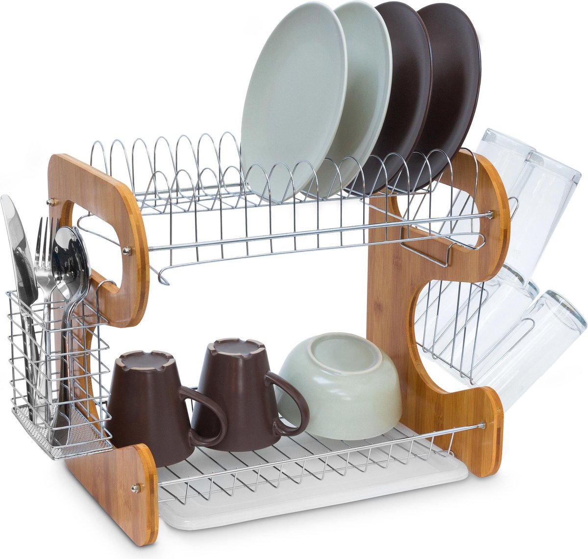 Goedkoopste afdruiprek met lekbak - bestekmand - 2 laags - 35 x 51 x 26,5 cm - bamboe