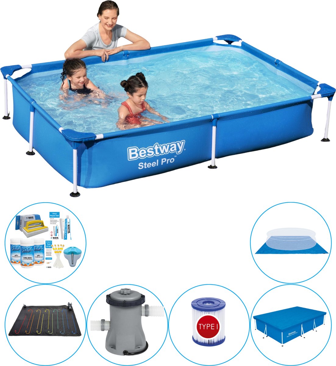 Steel Pro Rechthoekig 221x150x43 cm - Zwembad Combi Deal