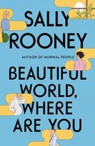 Boekhoes met de titel 'Beautiful World, Where Are You' van Sally Rooney op een lichtblauwe achtergrond. Afbeeldingen van vier personen in omlijstingen.