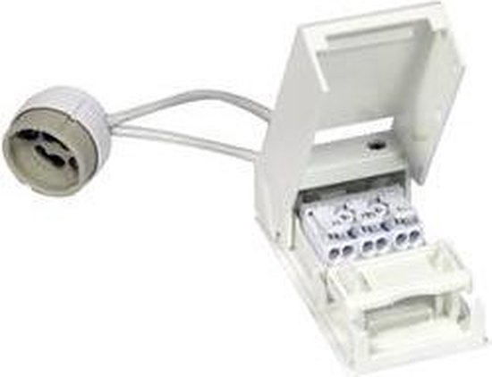 Witte GU10 fitting met een aansluitbox en een grijze kabel.