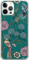 iPhone 12 Pro Max hoesje - Vogels Japanse bloemen - Soft Case Telefoonhoesje - Bloemen - Blauw