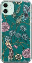 iPhone 11 hoesje - Vogels Japanse bloemen - Soft Case Telefoonhoesje - Bloemen - Blauw
