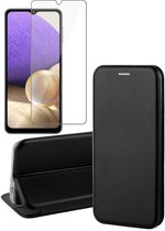 Hoesje geschikt voor Samsung Galaxy A32 5G - Screen Protector GlassGuard - Book Case Leer ThinShield Zwart & Screenprotector