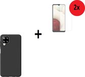 Samsung Galaxy A12 Hoesje - Siliconen - Samsung A12 Screenprotector - Hoesje Zwart Case + 2x Screenprotector P