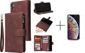 Luxe Telefoonhoesje voor Apple iPhone XR | Hoogwaardig Leren Bookcase | Lederen Wallet Case | Luxe Uitstraling | Pasjeshouder 6 stuks | Portemonnee | Rits | Bruin + 1x screenprotec