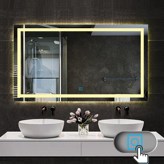 Miroir de salle de bain rectangulaire à LED 100x70 cm, bandes lumineuses  étroites... | bol.com