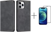 Apple iPhone 12 Pro Max Telefoonhoesje | Hoogwaardig Leren Bookcase | Portemonnee | Zwart + 1x screenprotector