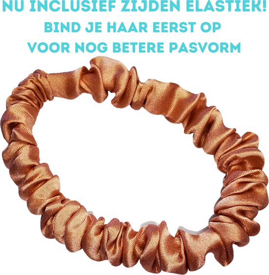 Koperkleurige zijden haarelastiek, ruches, nu inclusief zijden elastiek voor betere pasvorm.