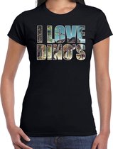 Tekst shirt I love dinosaurs met dieren foto van een dino zwart voor dames - cadeau t-shirt T Rex dinosauriers liefhebber XS