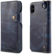 Voor iphone xs max denior olie wax koeienhuid magnetische knop horizontale flip lederen case met kaartsleuven & portemonnee (donkerblauw)