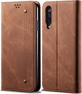 Voor xiaomi mi 9 pro denim textuur casual stijl horizontale flip lederen tas met houder & kaartsleuven & portemonnee (bruin)