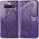 Butterfly Love Flowers Embossing Horizontale Flip Leather Case voor Galaxy S10, met houder & kaartsleuven & portemonnee & lanyard (donkerpaars)