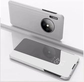Voor Huawei Mate 30 plating spiegel links en rechts flip cover met beugel holster (zilver)