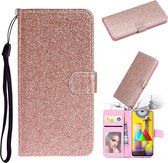 Voor Samsung Galaxy A21s Glitter Poeder Horizontale Flip Leren Case met Kaartsleuven & Houder & Fotolijst & Portemonnee & Lanyard (Rose Goud)