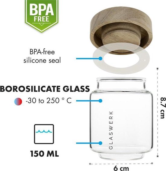 Verrerie Klarstein à épices Cassia 6 pcs. 130 ml - verre borosilicaté - couvercle en bois - hermétique - joint silicone sans BPA
