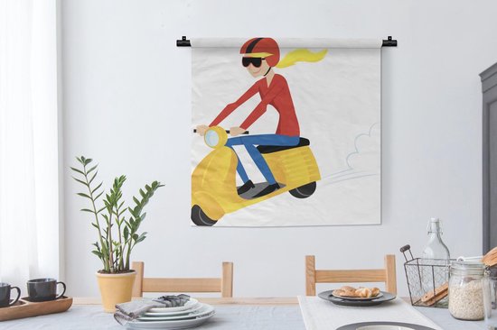 Tapisserie illustration Vespa - Illustration d'une fille sur une Vespa jaune Tapisserie coton 90x90 cm - Tapisserie avec photo