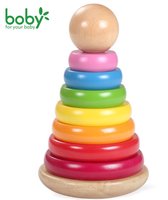 Boby beuken massief hout grote Regenboog Stapeltoren - Gekleurde Stapel Toren van Hout – Baby Toren 7 Ringen en Kogel