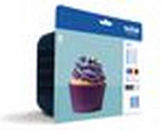 Brother LC123 inktcartridge verpakking met een cupcake met paarse botercrème en gekleurde hagelslag.
