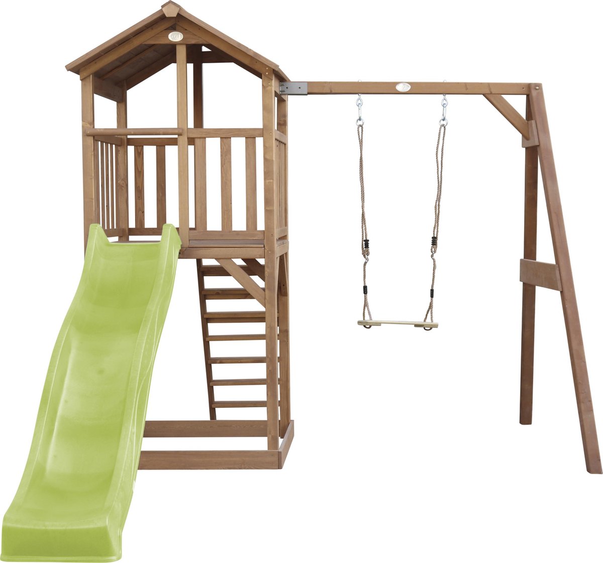 AXI Beach Tower Speeltoestel in Bruin - Speeltoren met Enkele Schommel, Limoen Groene Glijbaan en Zandbak - FSC hout - Speelhuis op palen voor de tuin — afbeelding 2