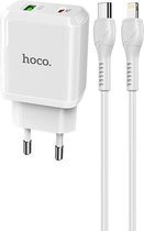 HOCO N5 Favor - 2-Poort Oplader PD 20W + QC3.0 - EU Plug - Snellader + USB-C naar Lightning Kabel - Voor Apple iPhone en Android - Wit