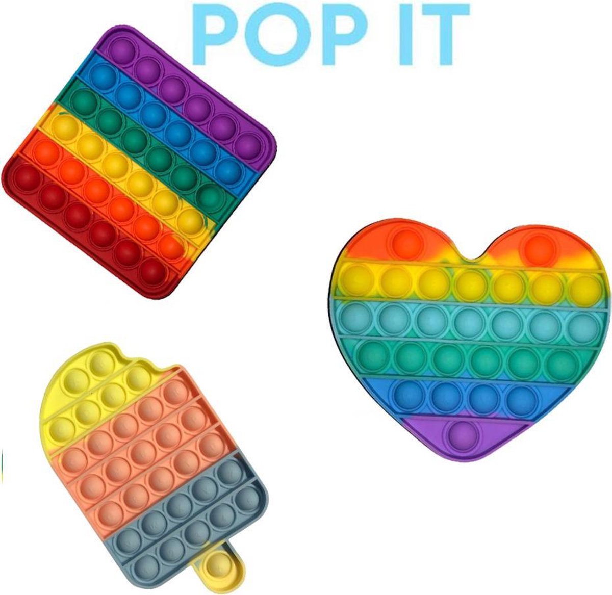 bol.com | Pop IT Rainbow pakket - 3 in 1 popits - Hart , vierkant