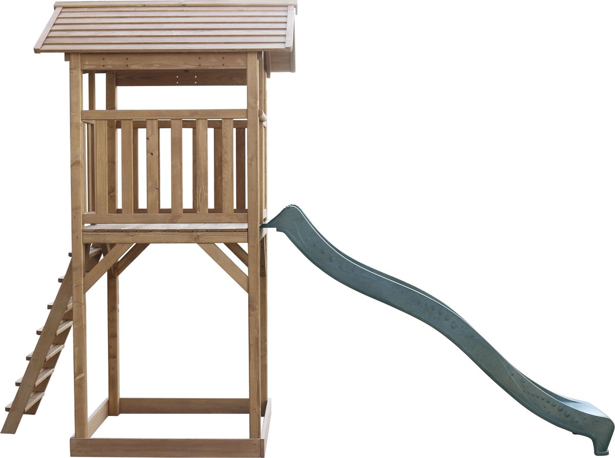 AXI Beach Tower Speeltoestel in Bruin - Speeltoren met Zandbak en Groene Glijbaan - FSC hout - Speelhuis op palen voor de tuin — afbeelding 17